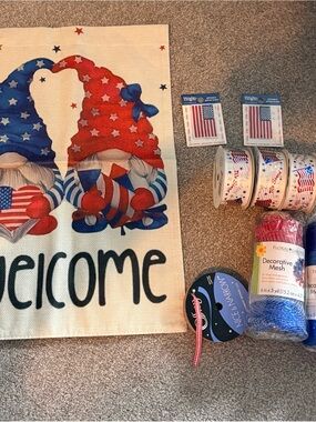 Source Unknown Red, Blue, White Patriotic Gnome Welcome Flag and Craft Ribbons
